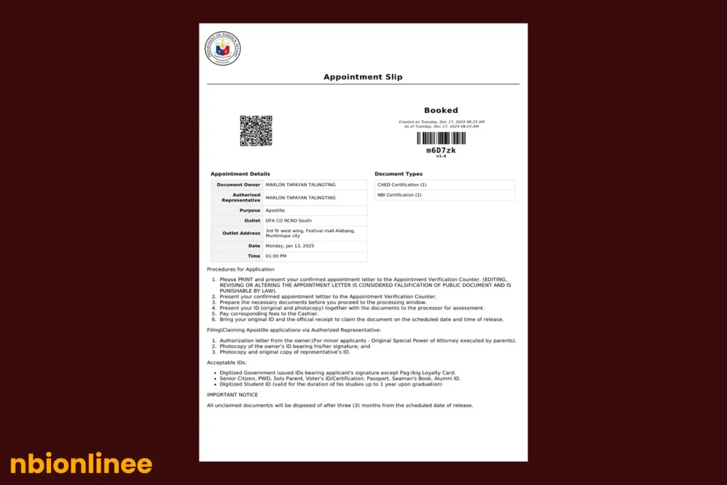 DFA Appointment Proof for apostille nbi​